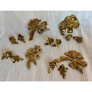 Vtg Repousse Brass Stamped Flower Brooches & Matching Screwback Earrings. 9 Sets